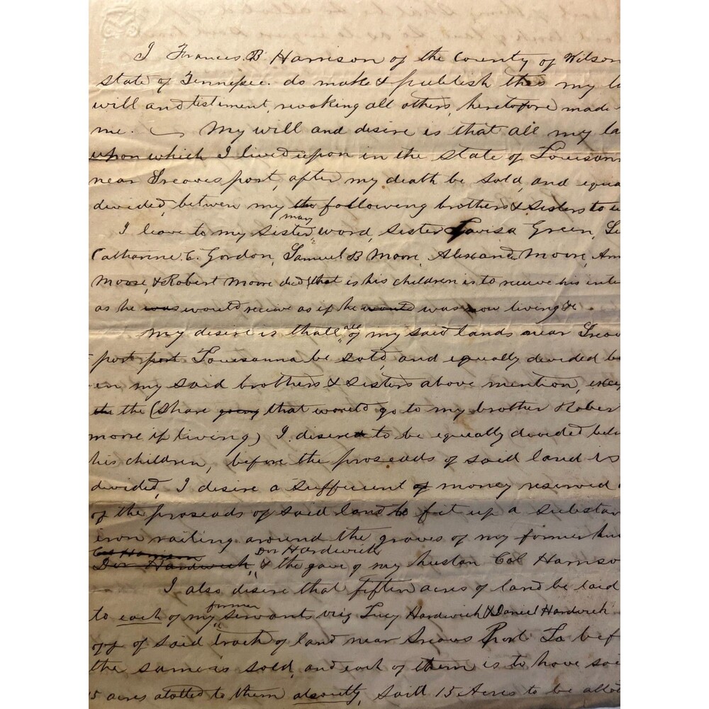 1867 Handwritten Will of Fancis Harrison - Servant and LA Plantation Historical